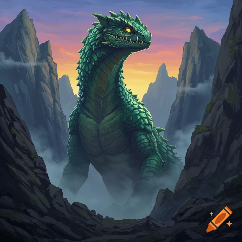 A powerful green dragon-like monster with glowing yellow eyes stands amidst misty mountains at sunset, illustration.