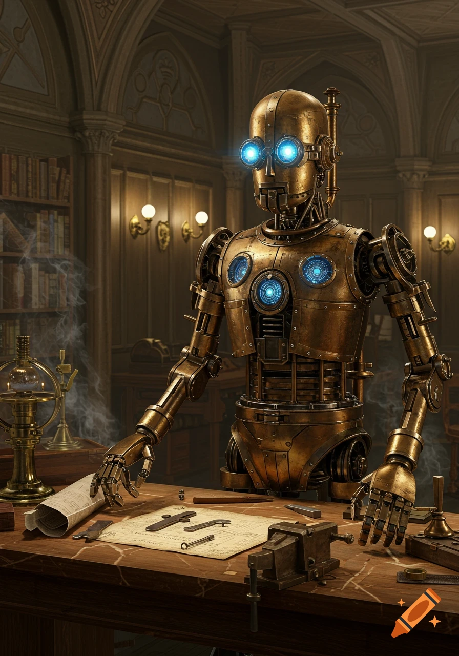 A detailed golden steampunk robot with glowing blue eyes and chest, stands at a wooden desk with blueprints and tools in an ornate library.