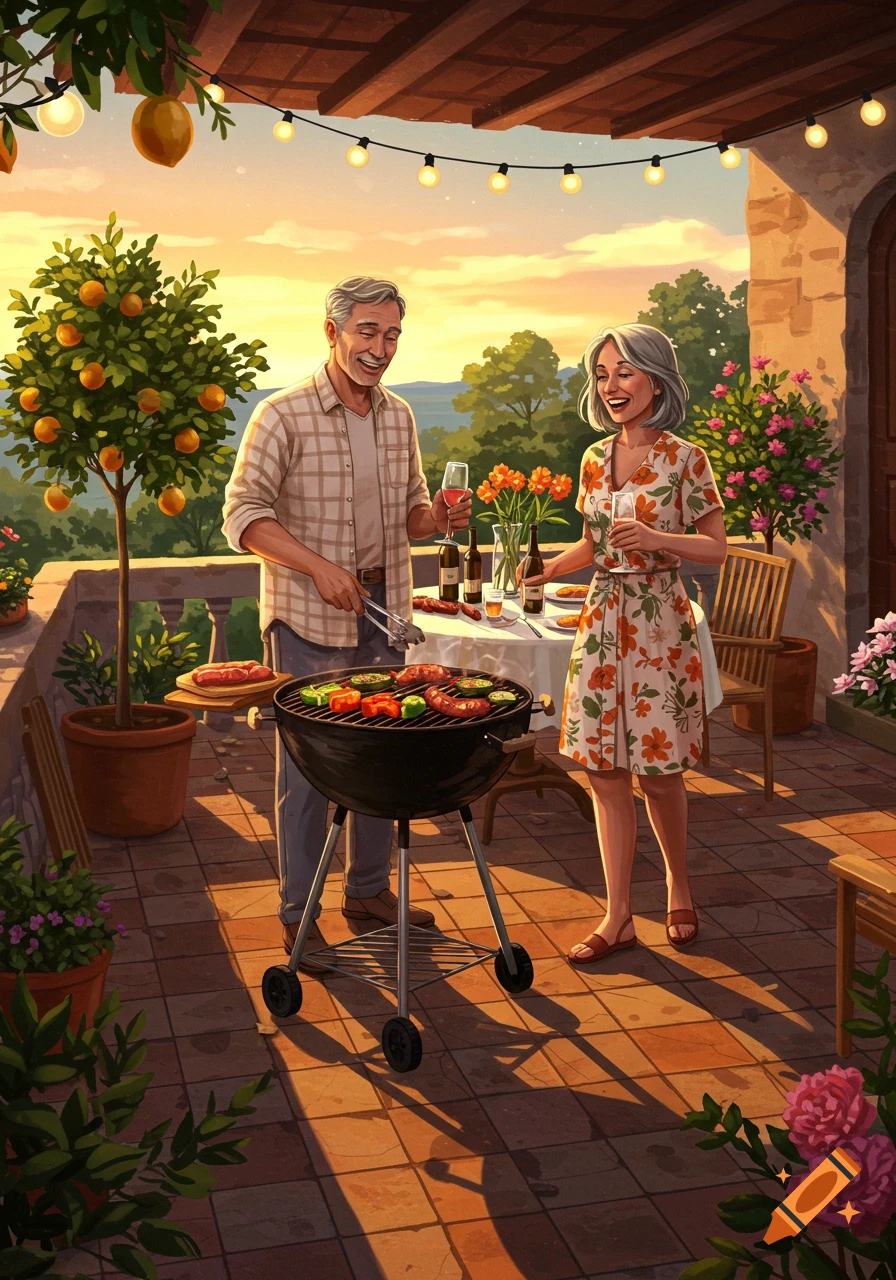 An older couple grills on a sunlit terrace. The man cooks while the woman holds a drink, with an orange tree and string lights.