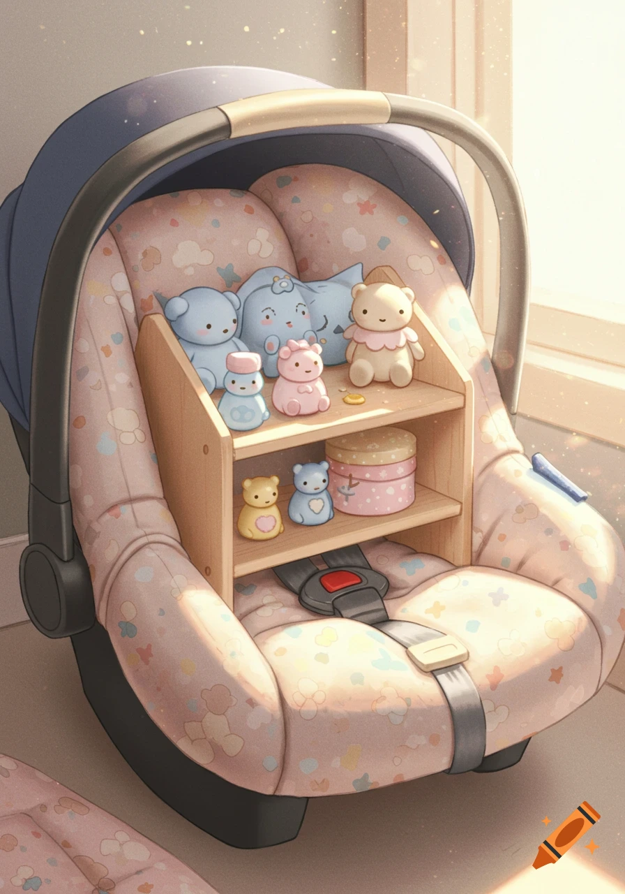 A cute cartoon illustration of a baby car seat with a small wooden shelf holding several pastel-colored plush toys.