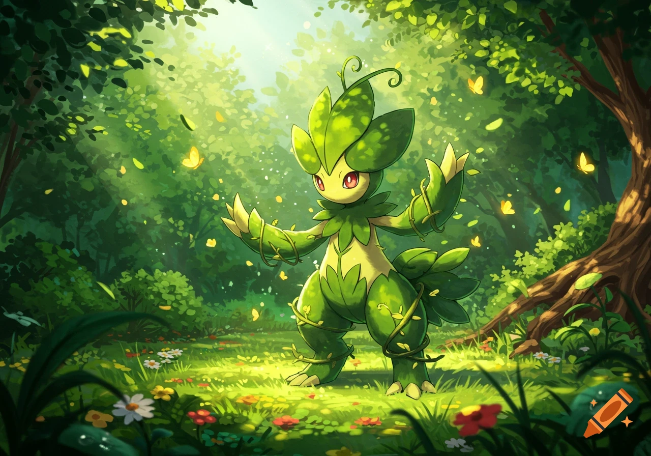 A green, plant-like Pokemon creature stands in a vibrant, sunlit forest with falling leaves and yellow butterflies.