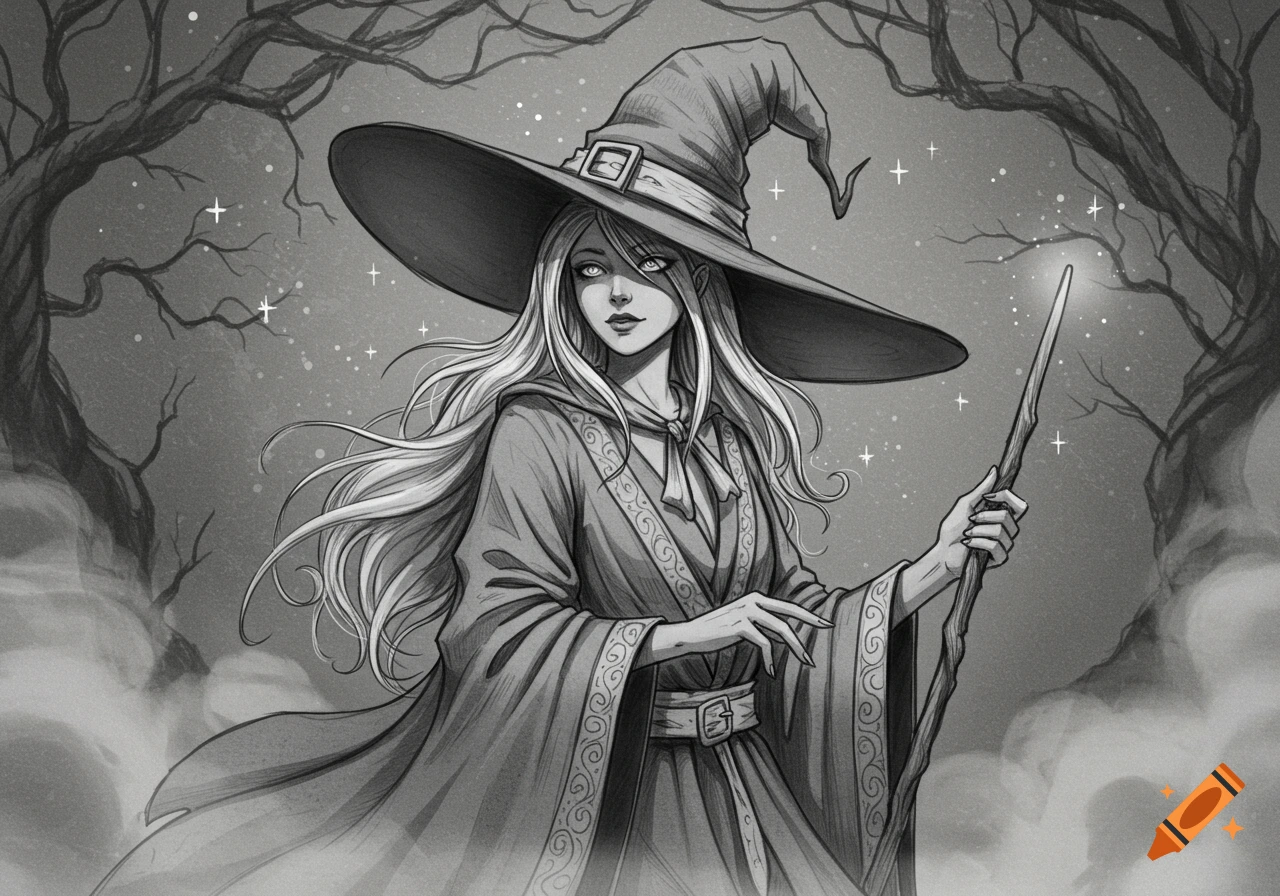Grayscale sketch of a witch with long white hair, a wide-brimmed hat, and a flowing robe, holding a glowing magic wand amidst spooky trees and mist.