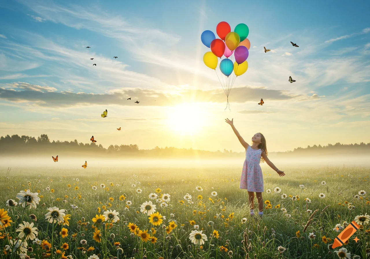 A joyful young girl reaches up to colorful balloons in a sunlit, misty meadow filled with wildflowers and butterflies at sunset.