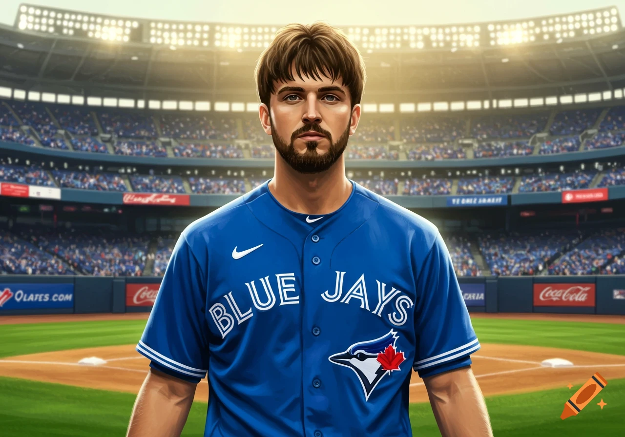 A man in a blue Toronto Blue Jays baseball jersey stands on a baseball field in a stadium.
