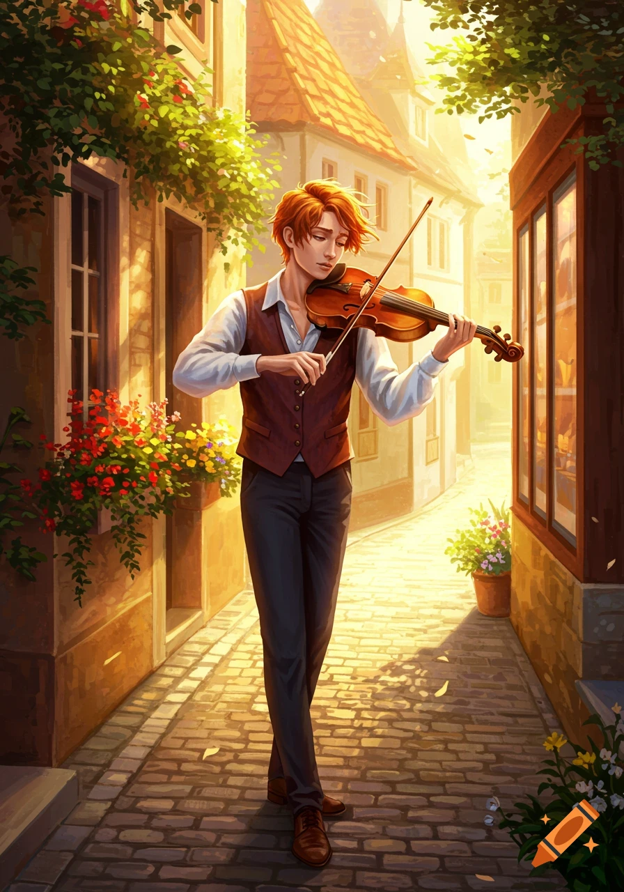 A red-haired man plays a violin on a sunny, flower-lined cobblestone street in a vibrant anime illustration.