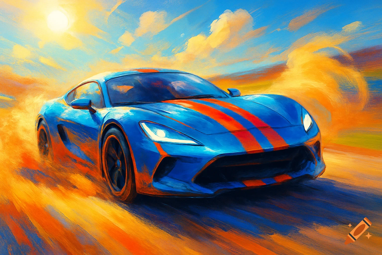A vibrant, painterly illustration of a blue sports car with orange racing stripes speeding forward, with an abstract orange and blue background.