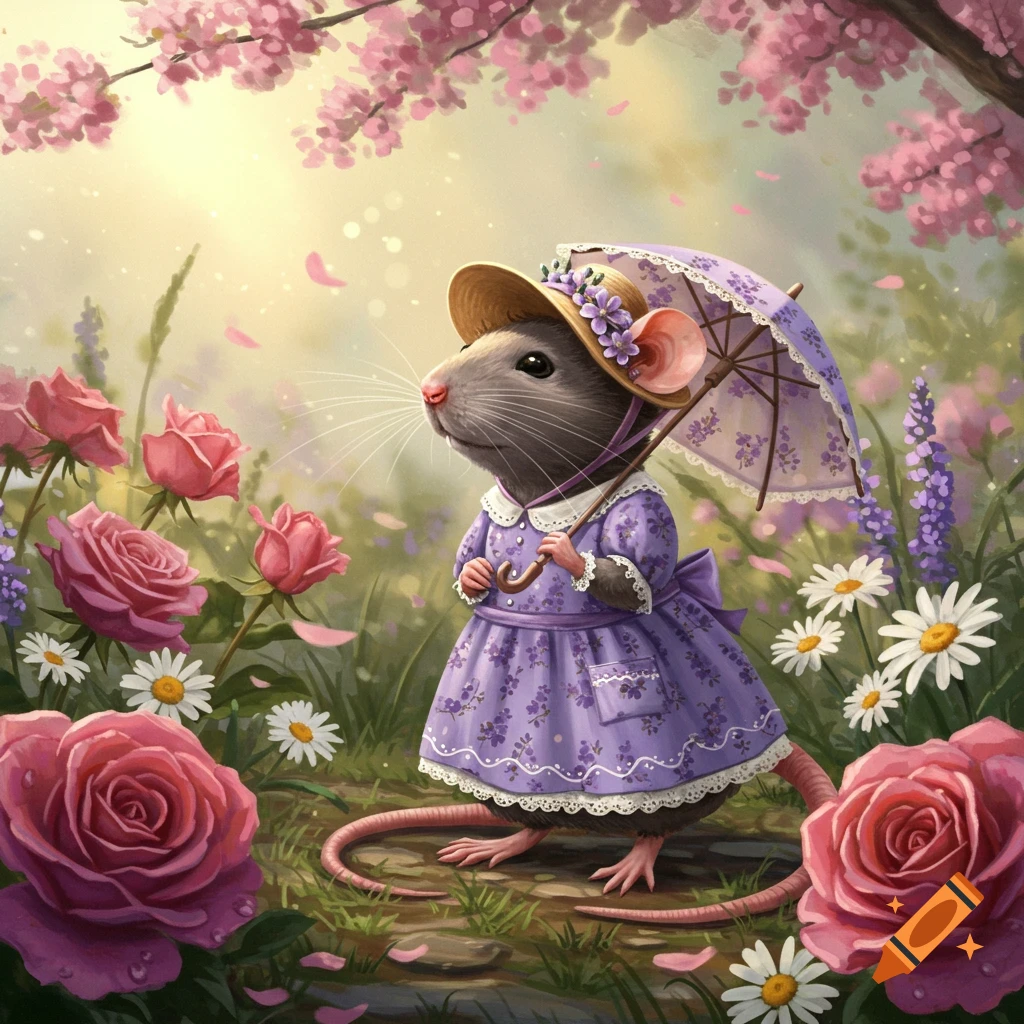 A cute anthropomorphic rat in a purple dress and hat holds an umbrella in a sunny spring garden with pink roses and daisies.