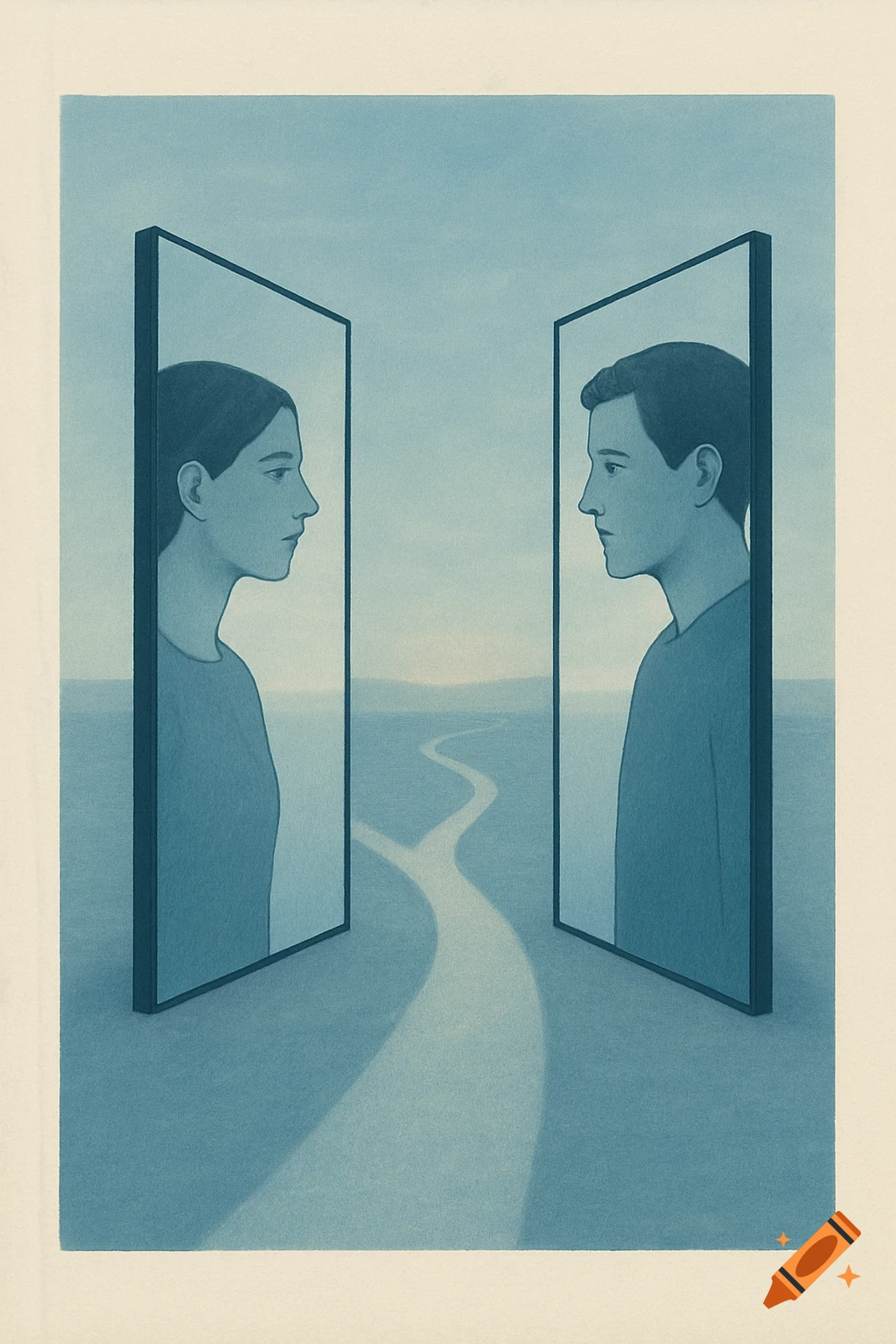 Minimalist illustration of a woman and man reflected in mirrors facing each other, a winding path between them, in cool blue tones.