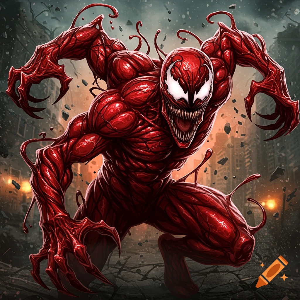 A monstrous, muscular red symbiote creature with sharp claws and teeth in an aggressive pose, set against a dark, ruined city backdrop.