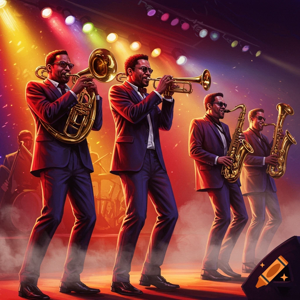 A vibrant illustration of five male musicians in suits and sunglasses playing brass instruments on a brightly lit stage during a concert.