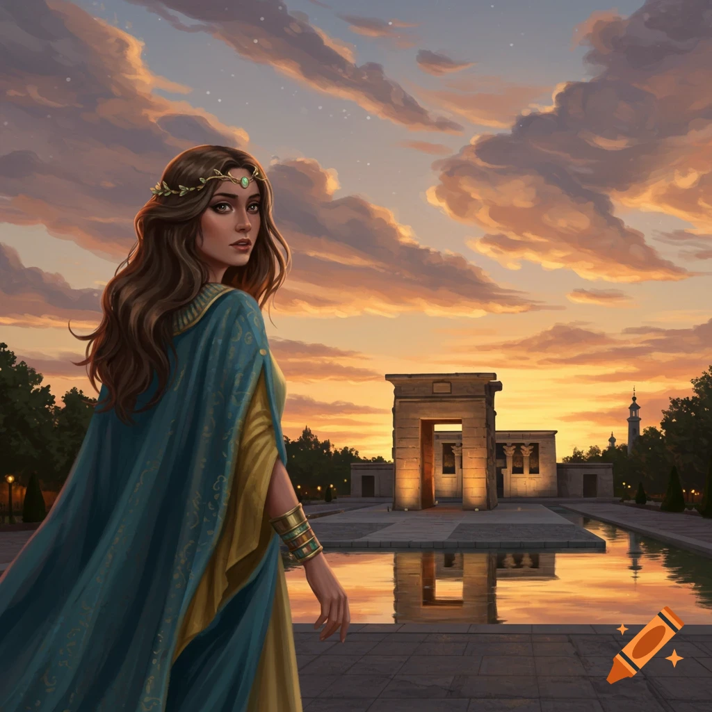 An illustration of a woman in ancient Egyptian attire standing before the Temple of Debod at sunset, reflected in water.