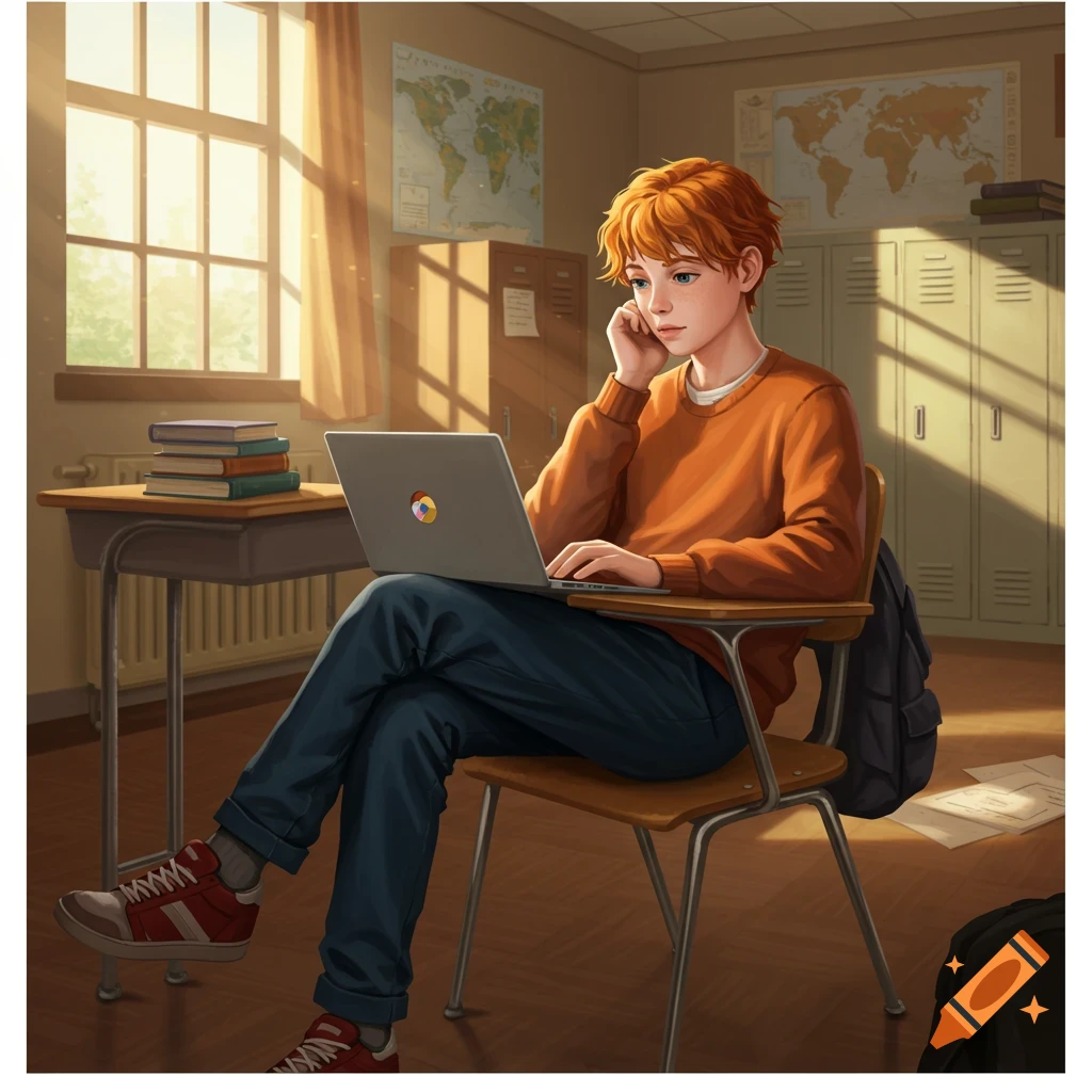 Ginger boy on a laptop in a sunny classroom, sitting at a desk, rendered in a digital art style.