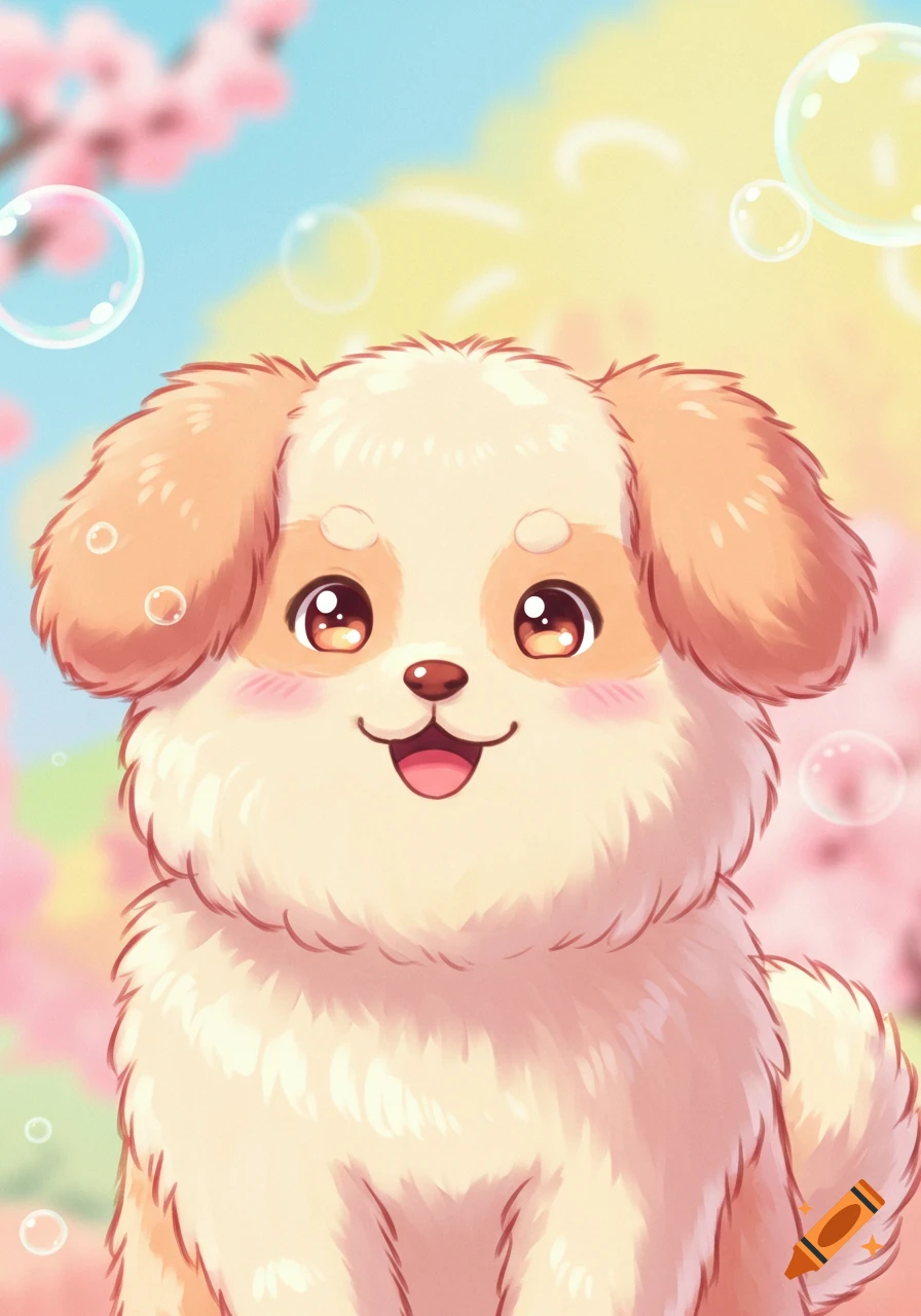 A cute anime puppy with big eyes, pink cheeks, and bubbles against a bright, colorful background with cherry blossoms.