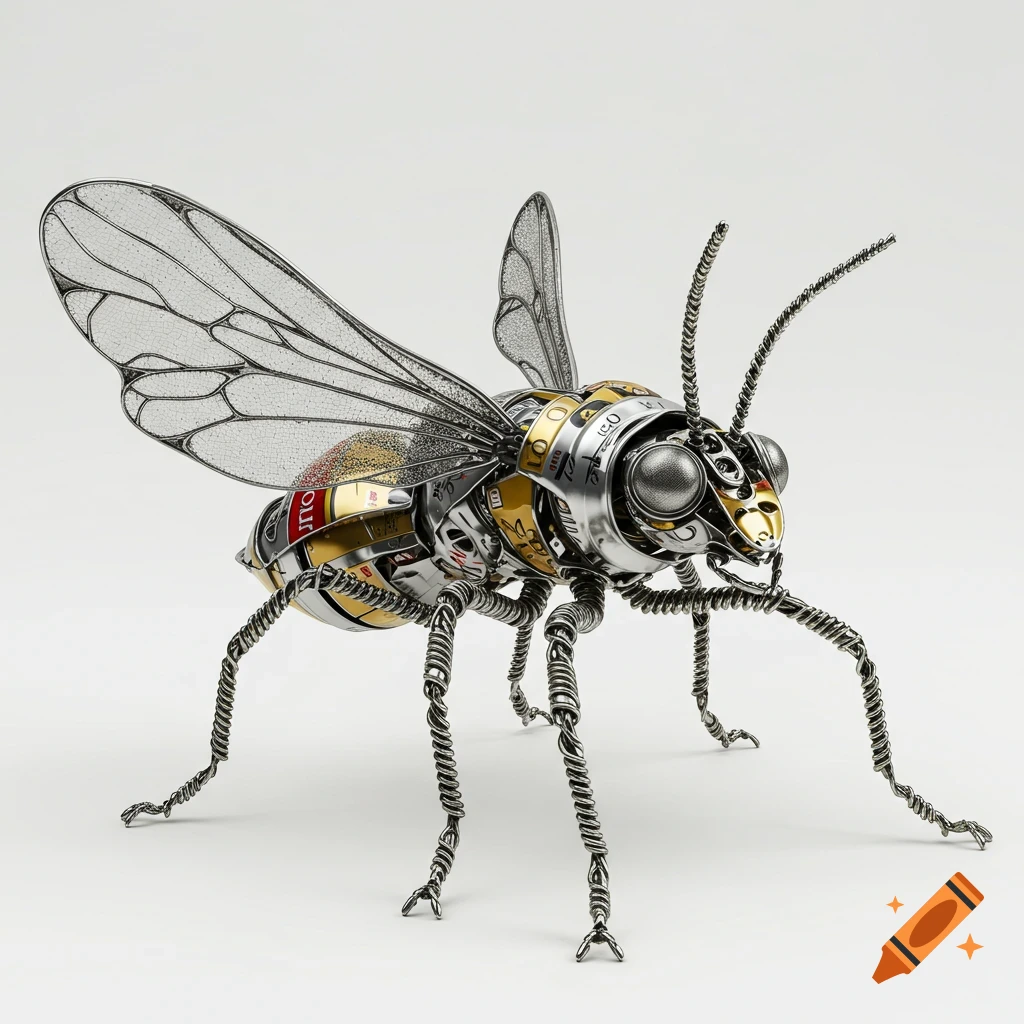 A metallic insect sculpture, resembling a fly or bee, crafted from silver and gold aluminum can parts and twisted wire, on a white background.