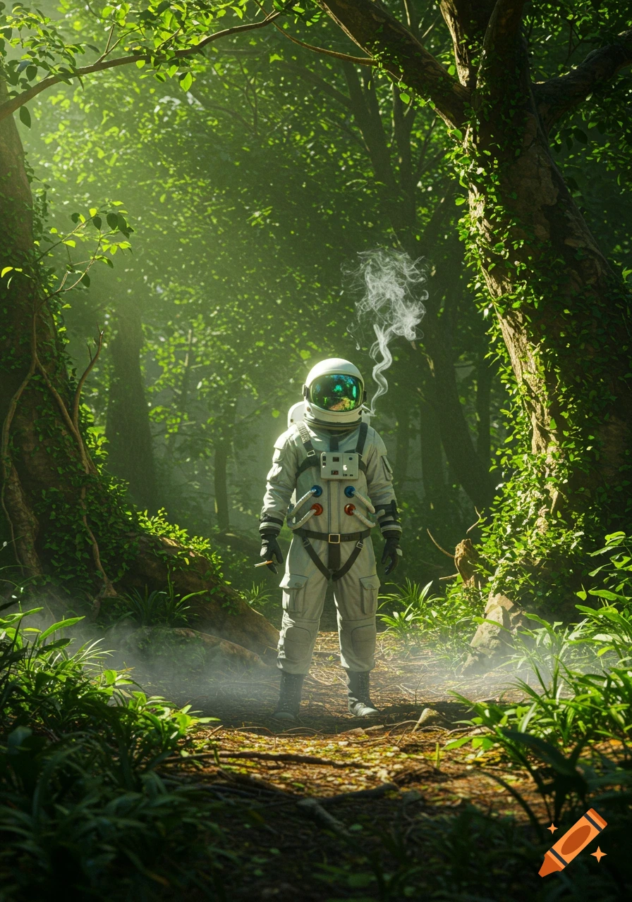 Photorealistic astronaut in a white suit smoking a cigarette in a sun-dappled, misty forest.