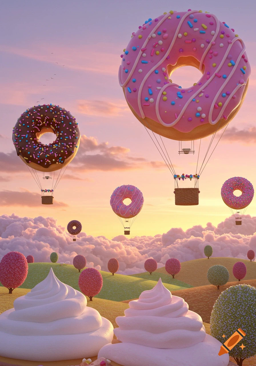 Whimsical landscape with giant donut hot air balloons, fluffy clouds, and hills of whipped cream at sunset.