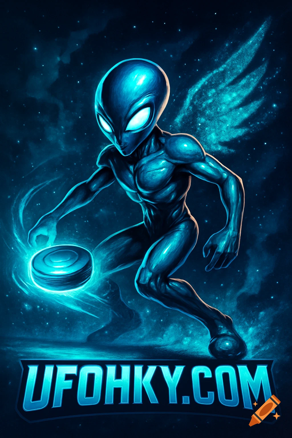 Blue alien mascot with glowing eyes and ethereal wings, holding a glowing disc, against a starry cosmic background. Text 'UFOHKY.COM' at bottom.