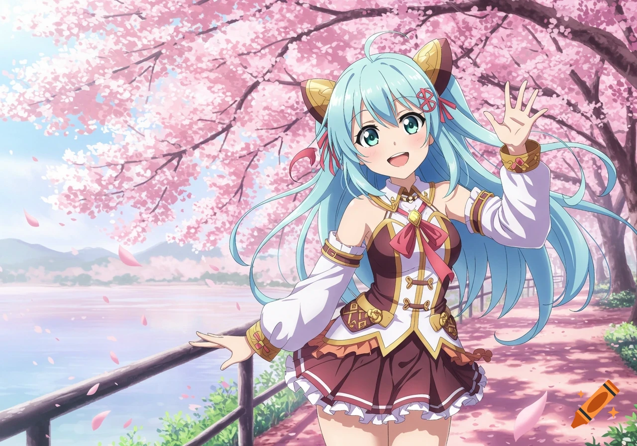 An anime girl waves happily on a path lined with pink cherry blossom trees next to a lake.