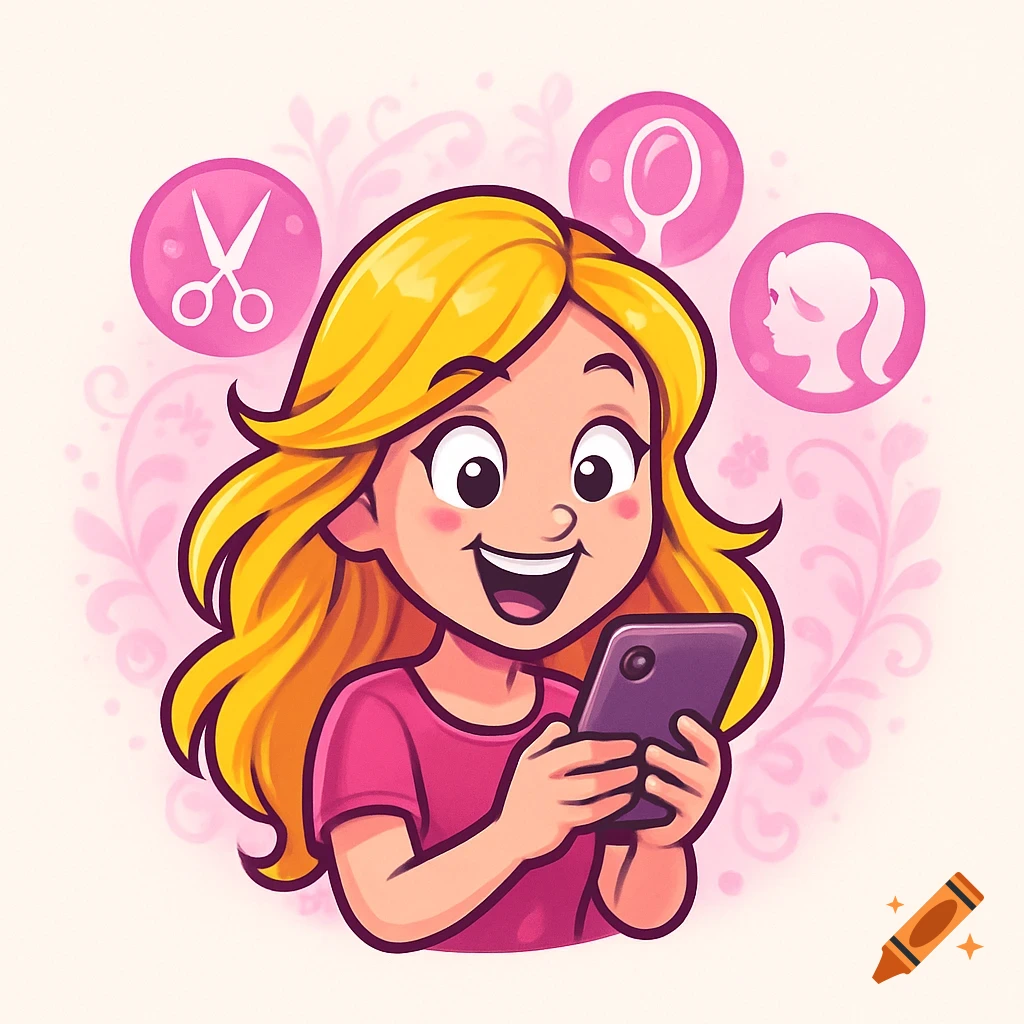 Cartoon blonde girl looking at her phone excitedly, surrounded by pink hairstyling icons (scissors, mirror, ponytail silhouette) with a floral background.