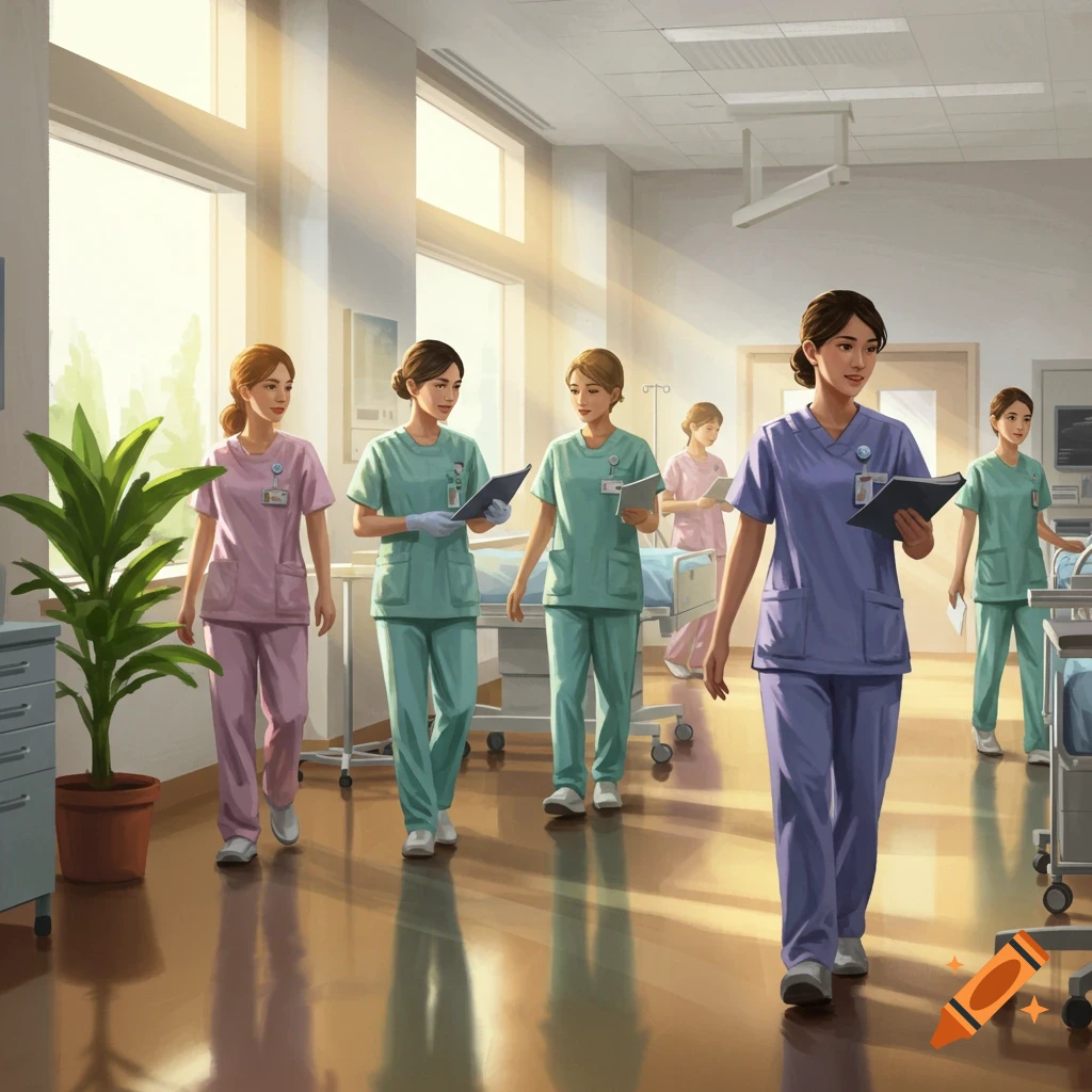 An illustration of several nurses in colorful scrubs walking through a bright hospital hallway, carrying clipboards.