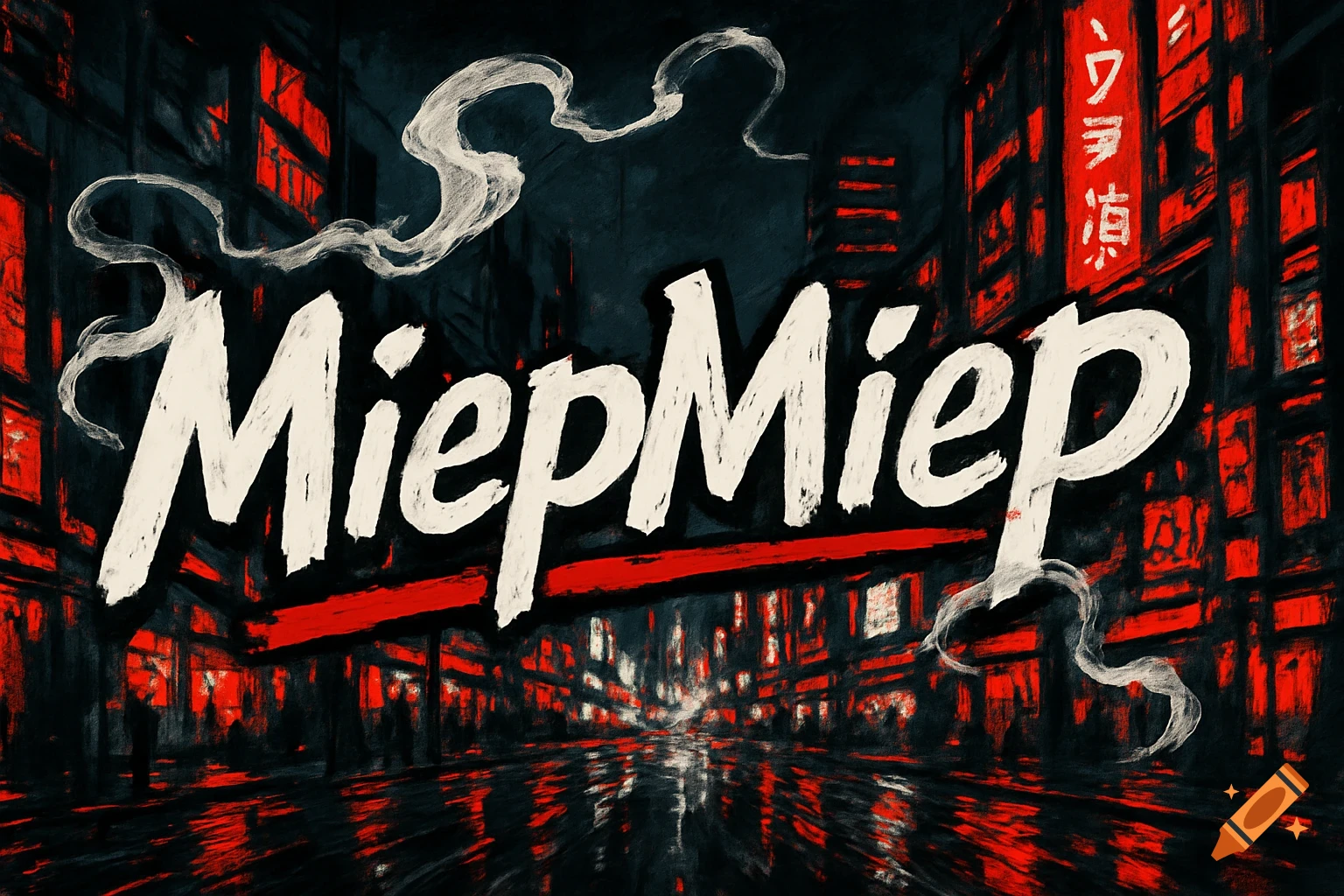 The word "MiepMiep" in bold white, brushstroke font with red outline, over a dark red and black Tokyo night cityscape background with white smoke trails.