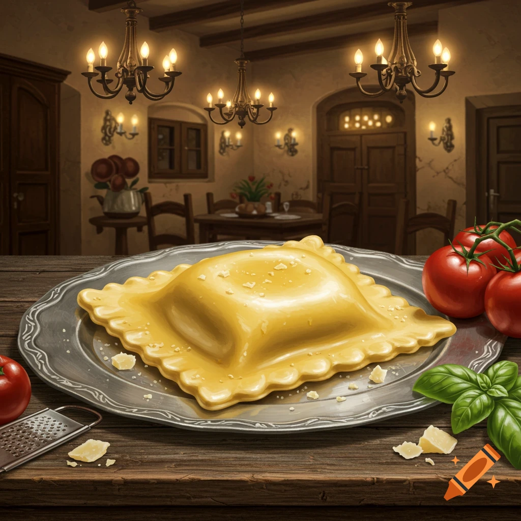 A large ravioli on a silver plate, accompanied by fresh tomatoes, basil, and grated cheese, on a wooden table in a rustic restaurant.