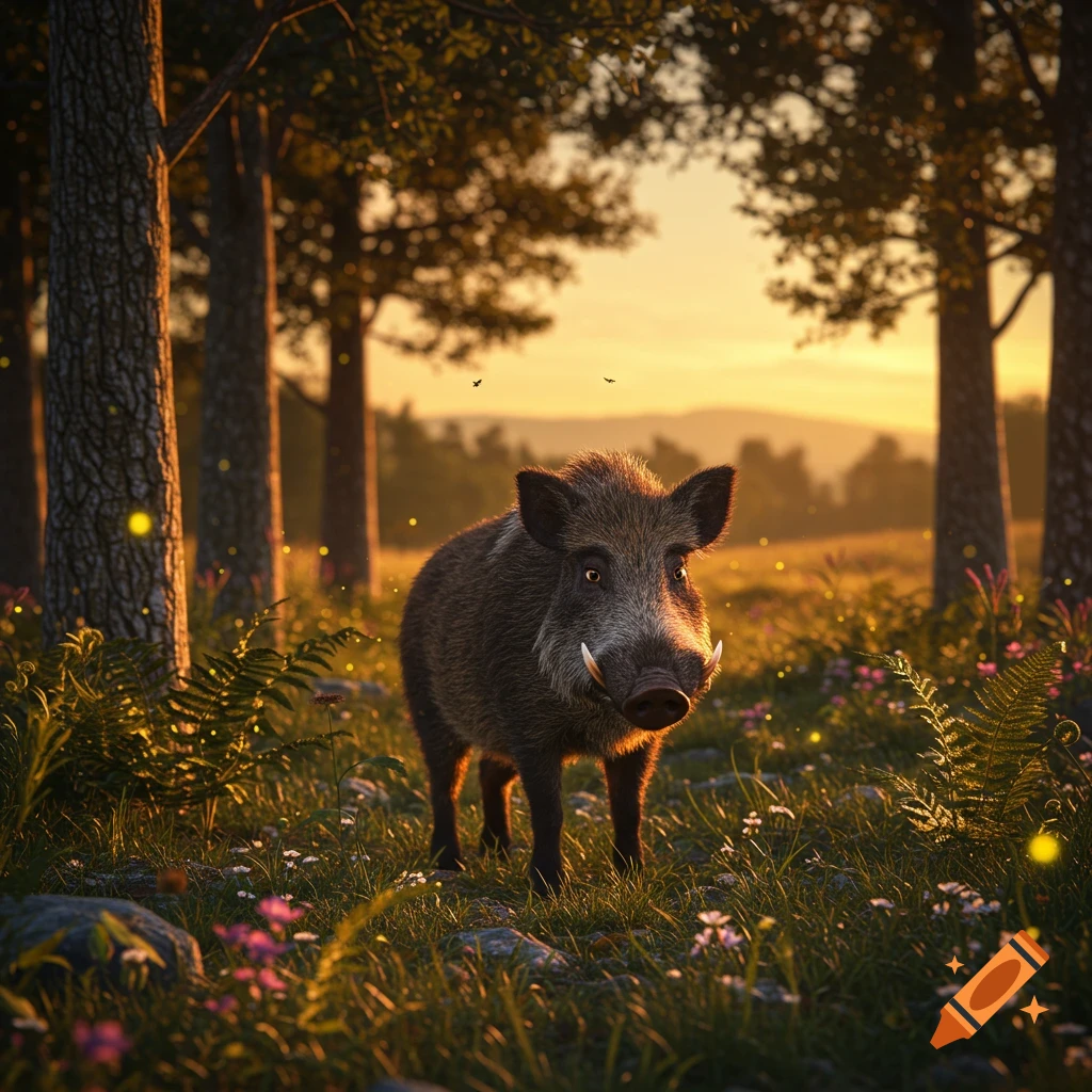 A wild boar stands in a sunlit forest clearing amidst grass and flowers at golden hour, with glowing particles in the air.