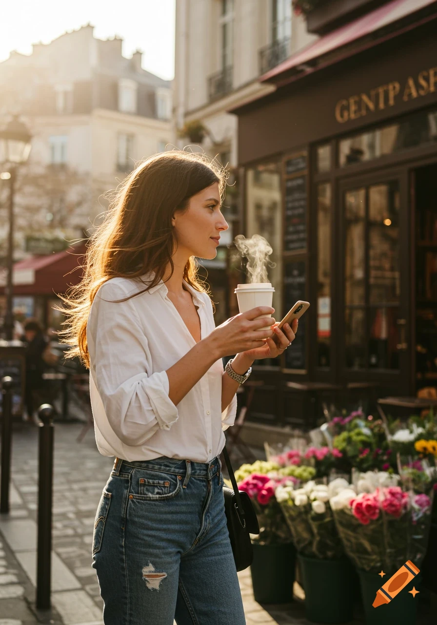 A woman in a white shirt and jeans walks on a sunny Paris street, holding a steaming coffee and smartphone.