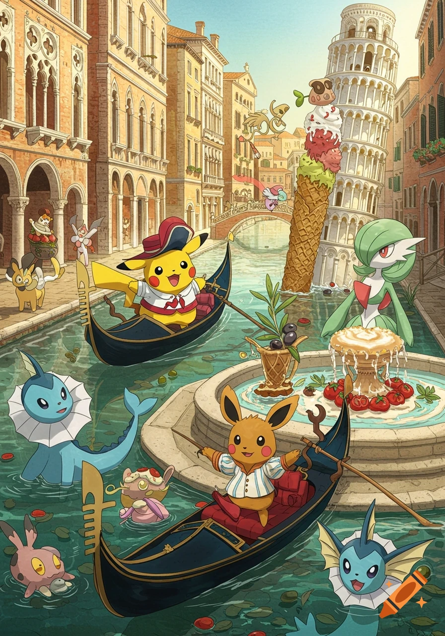 Pikachu and Eevee in gondolas on a Venetian canal with other Pokemon and a leaning ice cream tower in a cartoon illustration.