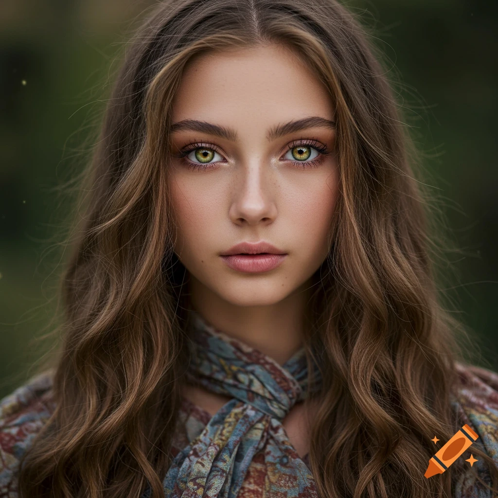 Close-up photorealistic portrait of a young woman with long wavy brown hair, striking green eyes, and a patterned blouse.