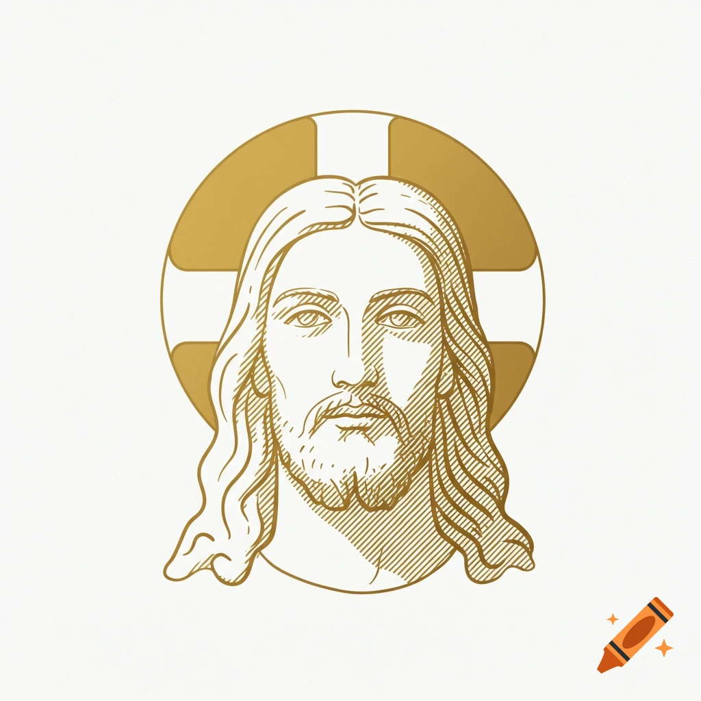 Minimalist gold line drawing of Jesus Christ's face with a halo.
