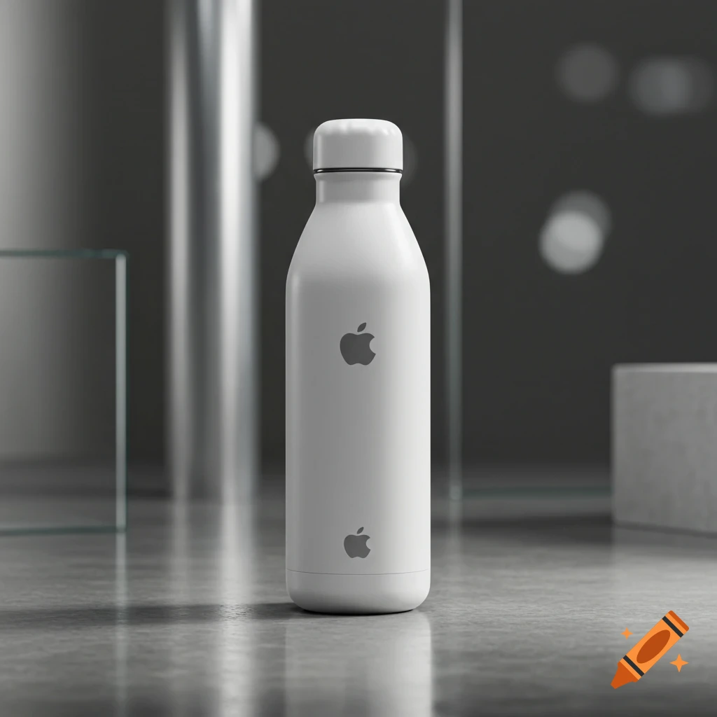 Photorealistic white Apple-branded water bottle on a concrete surface in a studio setting.