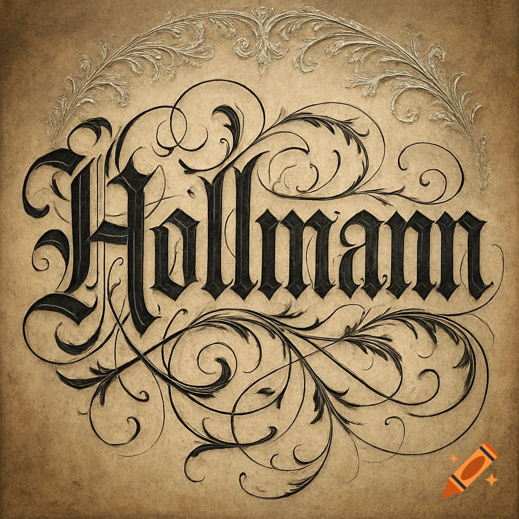 Ornate black gothic calligraphy spelling 'Hollmann' with decorative flourishes on a textured antique parchment background.