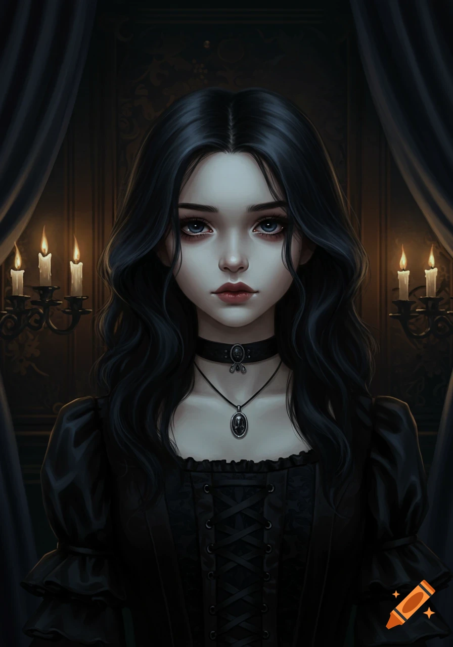 Stylized gothic portrait of a young girl with dark hair and a black dress in a candlelit room.