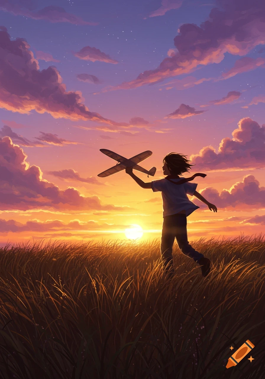 An illustrated silhouette of a child running through a grassy field, holding a toy plane against a vibrant sunset sky.