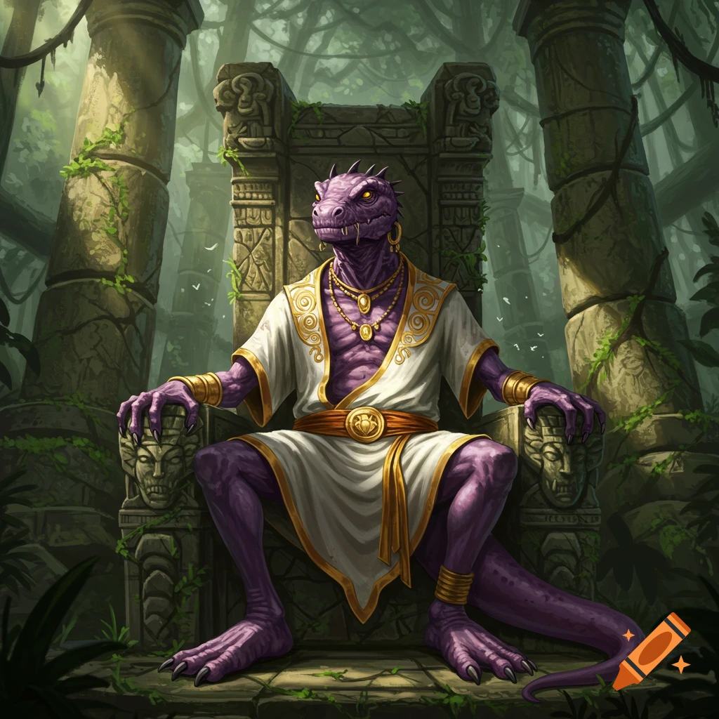 A purple lizard-man with yellow eyes, adorned in a white and gold robe and jewelry, sits on a stone throne in a ruined jungle temple.