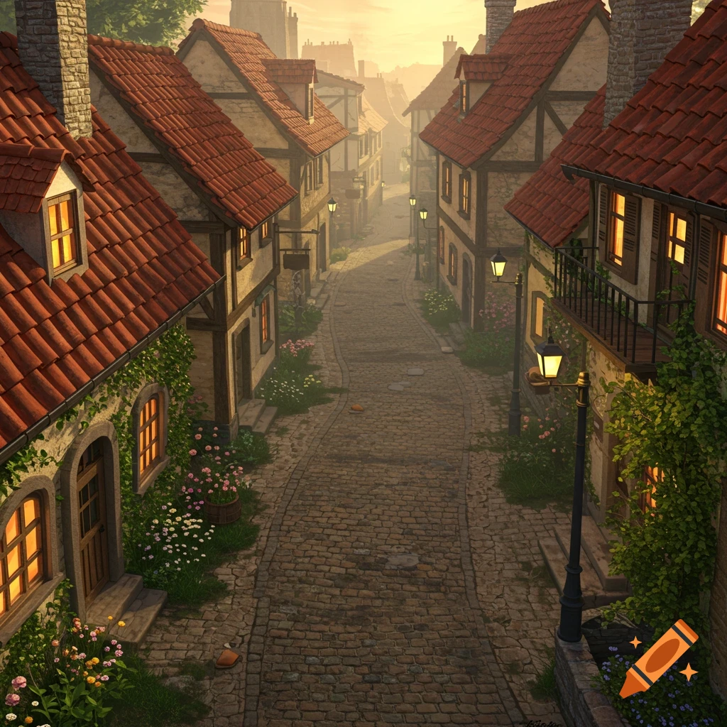 A picturesque 19th-century cobblestone village street winding between half-timbered houses with red roofs and glowing windows, seen from above.