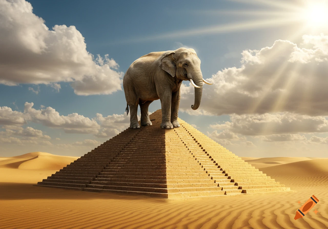 Photorealistic image of an elephant standing on a stone pyramid in a desert under a bright, cloudy sky.