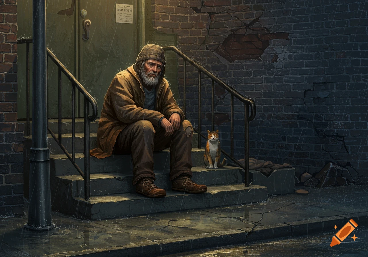 An old, bearded man in a hooded coat sits on wet steps in the rain with an orange and white cat beside him, in a dark, urban alley.