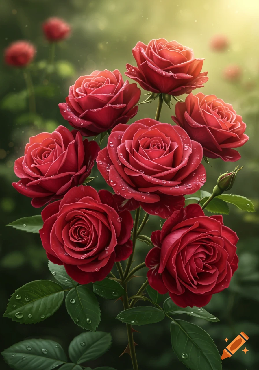 A close-up shot of vibrant red roses covered in dewdrops, with a soft, green, blurry background.
