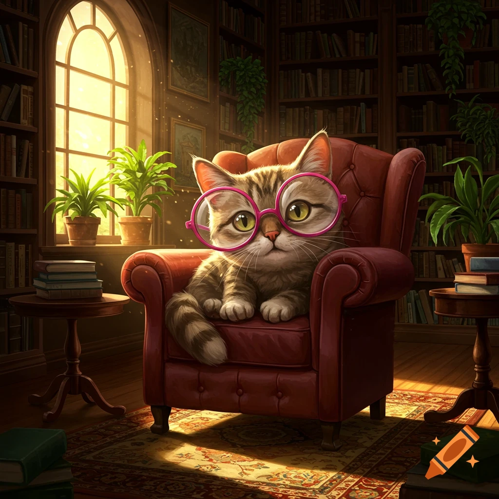 A cute tabby cat wearing pink glasses sits in a red leather armchair in a sunlit library filled with bookshelves and plants.