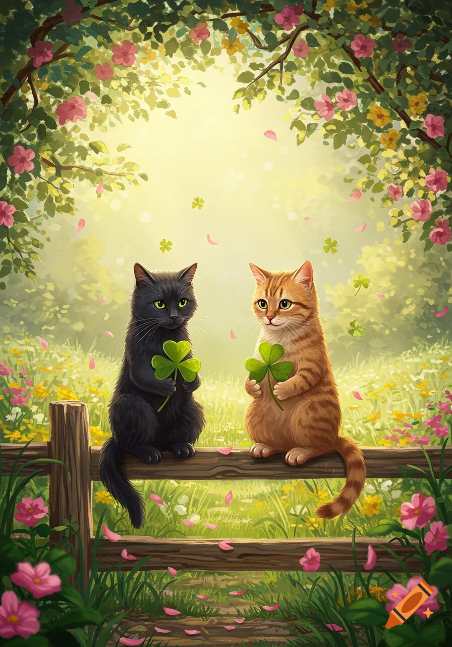 Whimsical illustration of a black cat and a tabby cat on a fence, holding clovers in a sunny garden with flowers.