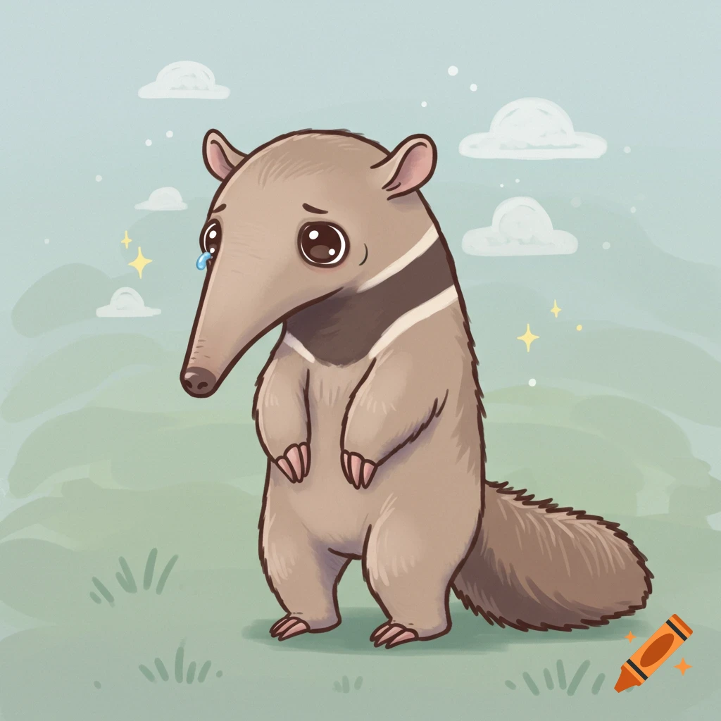 A sad, cartoon anteater stands bipedally in green grass under a light blue sky with cartoon clouds and sparkles.