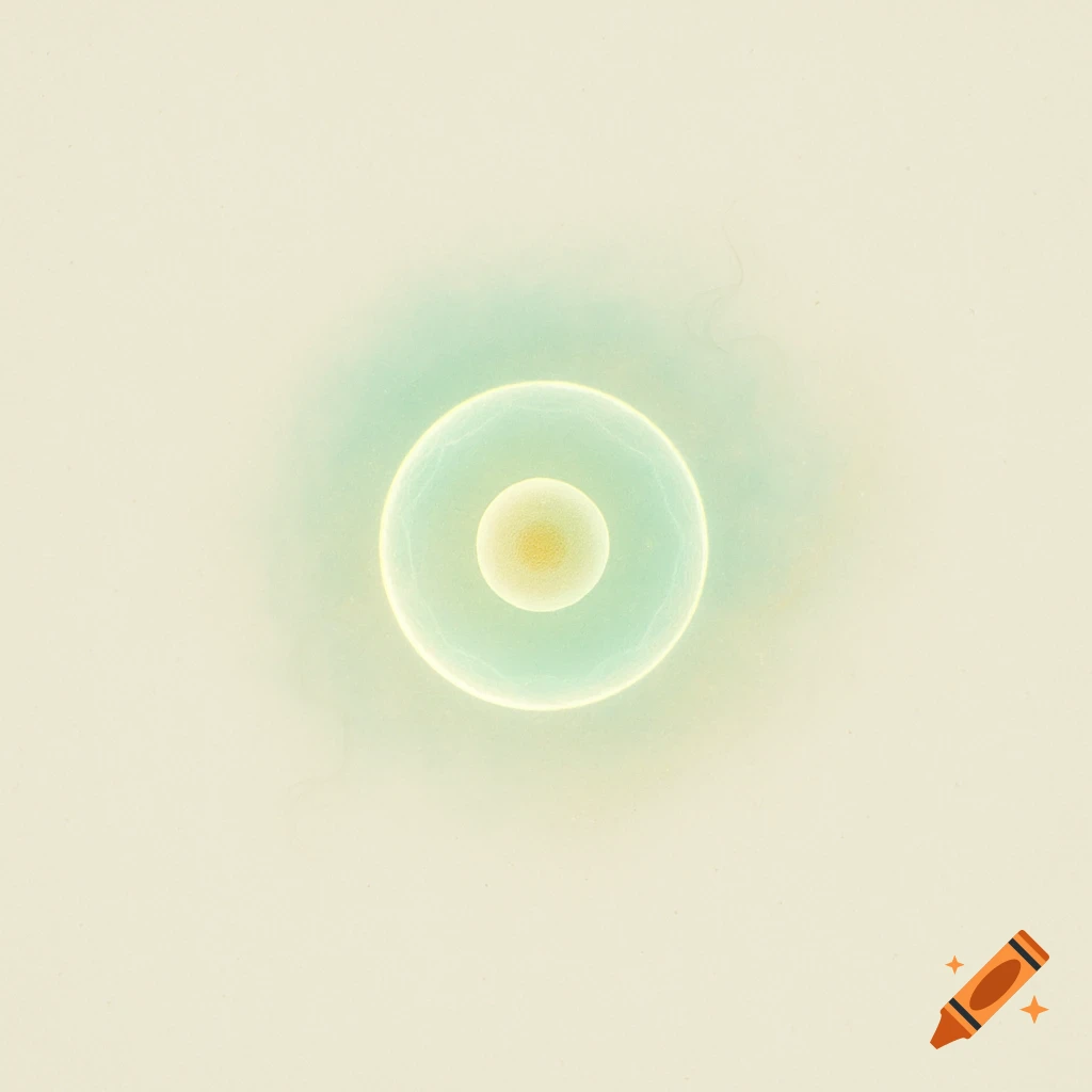 A glowing, translucent teal and yellow orb, resembling a cell, centered on a soft beige background.