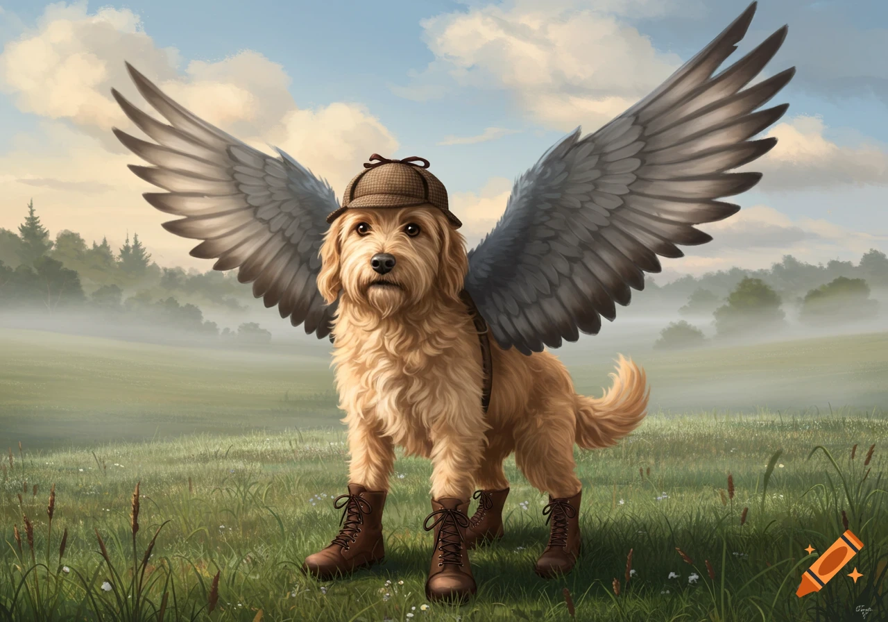 A golden dog with large feathered wings, a deerstalker hat, and brown boots stands in a misty field.