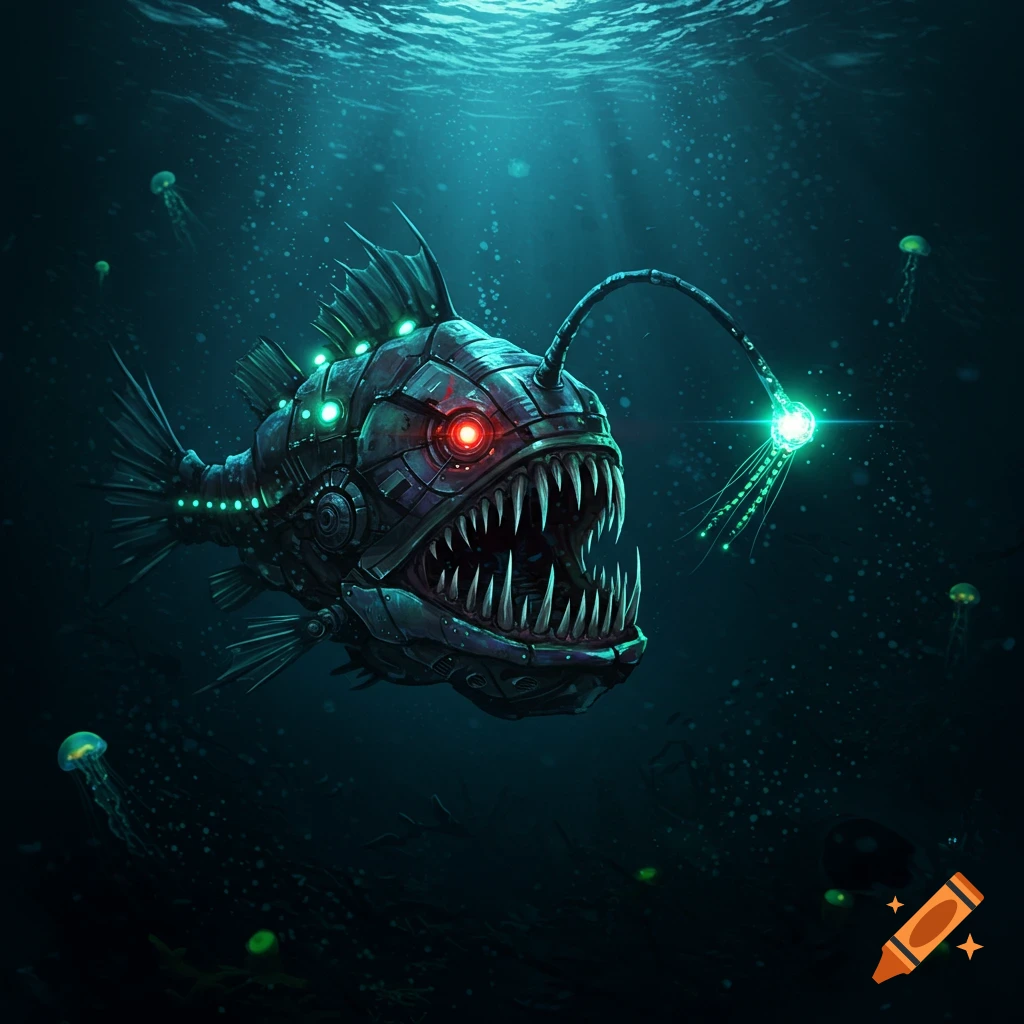 A detailed robotic anglerfish with glowing red eyes and a bright green lure swims in the dark, deep ocean.