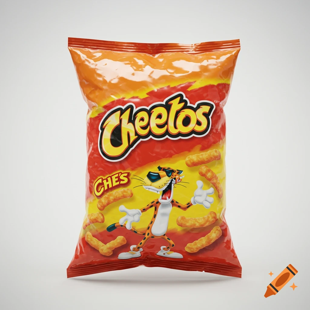 A photorealistic Cheetos snack bag with Chester Cheetah on a white background.