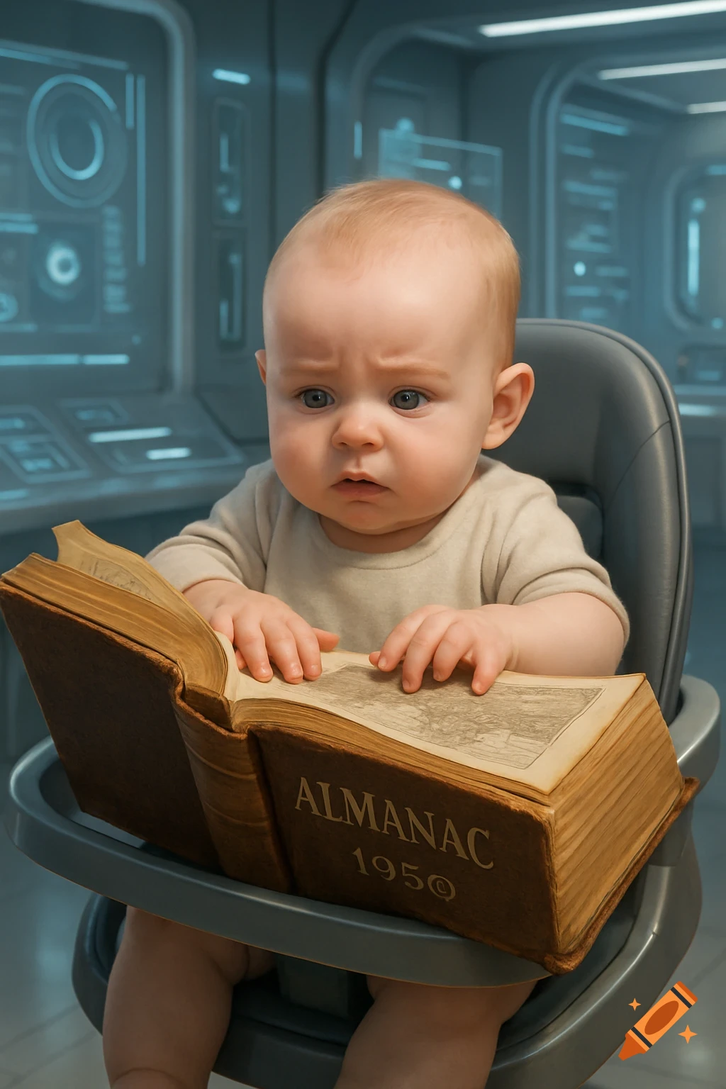 A confused baby sits in a high-tech room, looking intently at an old "ALMANAC 195Q" book. Photorealistic style.