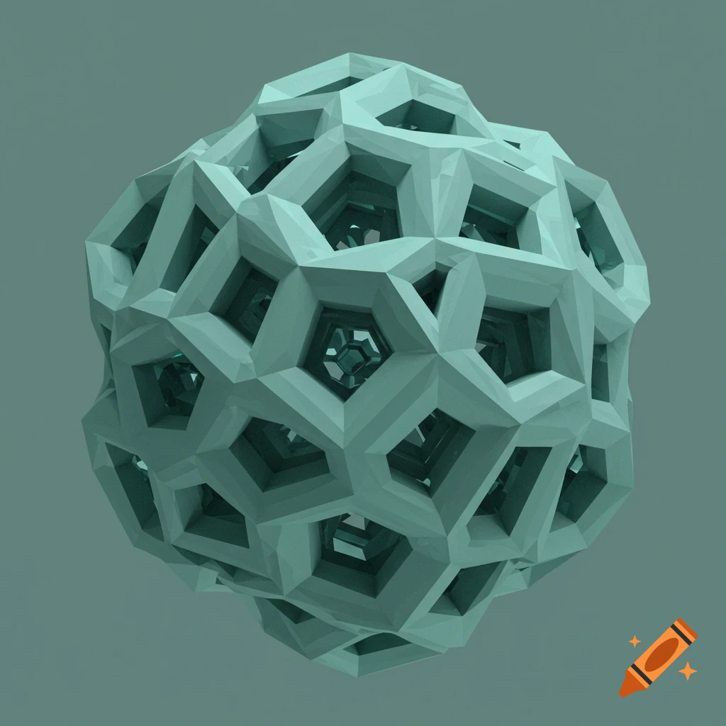 A complex teal abstract geometric sphere, resembling a polyhedron made of interconnected hexagons, against a teal-grey background.