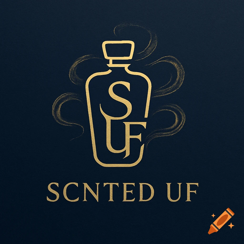 Gold perfume bottle logo with 'SUF' integrated, above 'SCNTED UF' text, on a dark blue textured background.